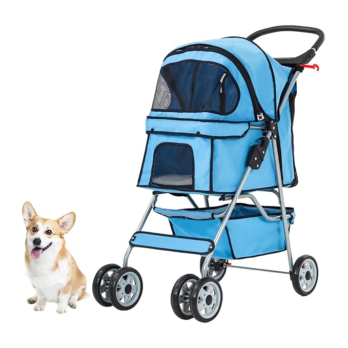 Dog Stroller, Folding 4 Wheels Pet Stroller for Small Medium Dog Cat Travel Carrier with Weather Cover Storage Basket Cup Holders Blue
