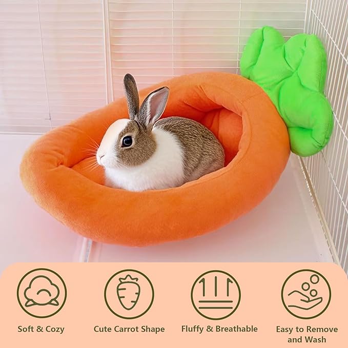 Bunny Bed,Thick&Soft Rabbit Bed with Removable Cushion,Machine Washable with Rattan Mat & Heart Decor,Cozy Warm Small Animal Sleeping Beds (Carrot Shape-M)
