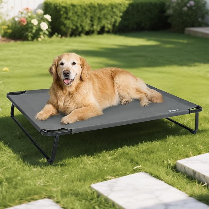 Elevated Dog Bed, Outdoor Dog Bed Large Raised Cooling Pet Beds Cots Waterproof Stable and Easy Assembly, Teslin Fabric with 1.2mm Thick Iron Frame, Breathable, Ultra-Sturdy,Grey, 42”*28“*8”