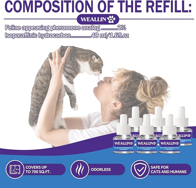 6 Pack Cat Calming Diffuser Refills - Cat Pheromones Calming Diffuser Refill Relieve Anxiety & Stress 6 Month Supply, Cat Pheromone Diffuser Refills (Fits All Common Diffuser Heads)