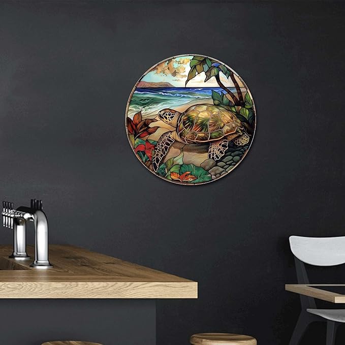 Lygond Metal Sign Tin Sign Circular Stained Glass Turtle Decor Outdoor for Yard 8×8 Inches