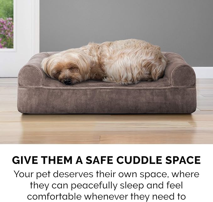 Furhaven Cooling Gel Dog Bed for Large Dogs w/ Removable Bolsters & Washable Cover, For Dogs Up to 95 lbs - Faux Fur & Velvet Sofa - Driftwood Brown, Jumbo/XL
