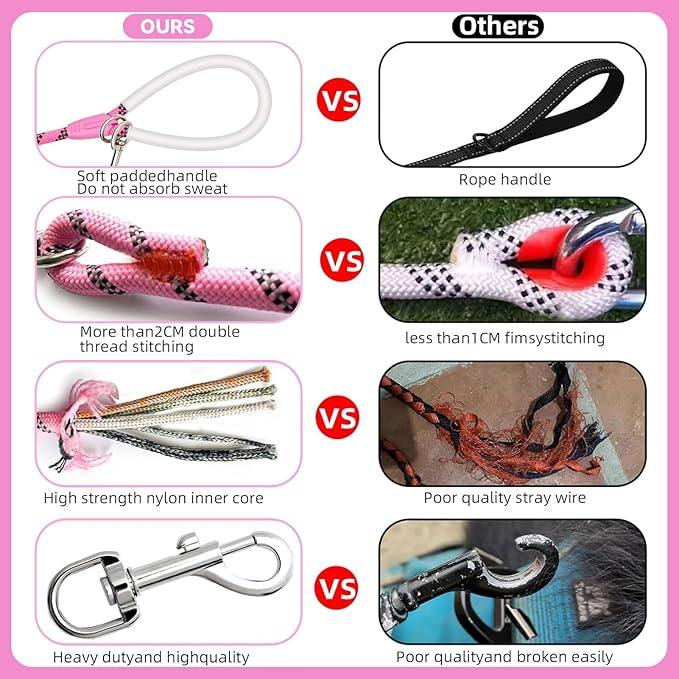 Nylon Dog Leash 6FT 10FT 20FT 30FT Diameter 2/5 Inch with Comfortable Silicone Handle Highly Reflective No Tangle for Medium Large Dogs Outside Walking Camping Backyard. (Pink, 20FT)