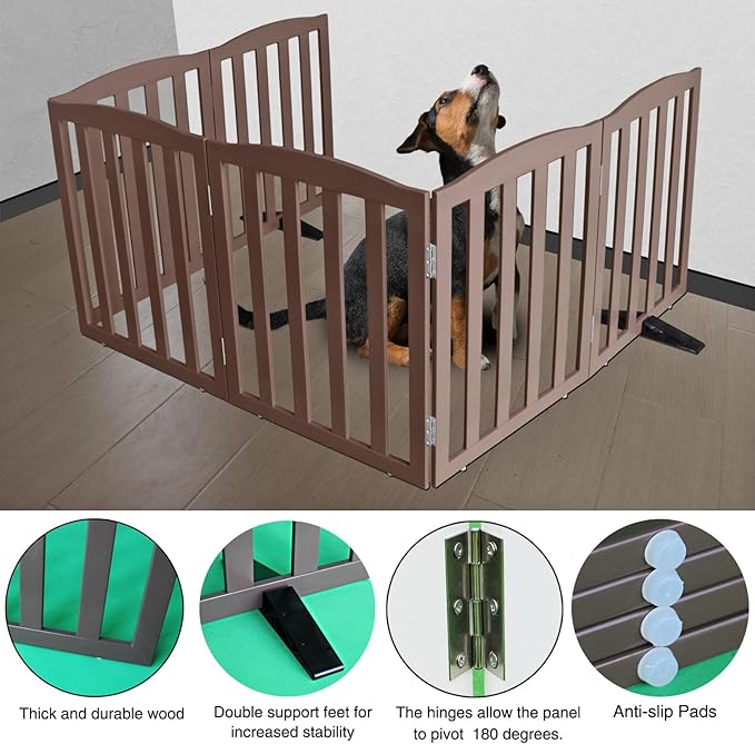 ZJSF Foldable Freestanding Indoor Dog Gate for House Wood Long Pet Gates Dog Fence for Stairs Puppy Gates for Hallways, Puppy Gate,Support Feet Included, Brown, 24 "Height-6 Panels