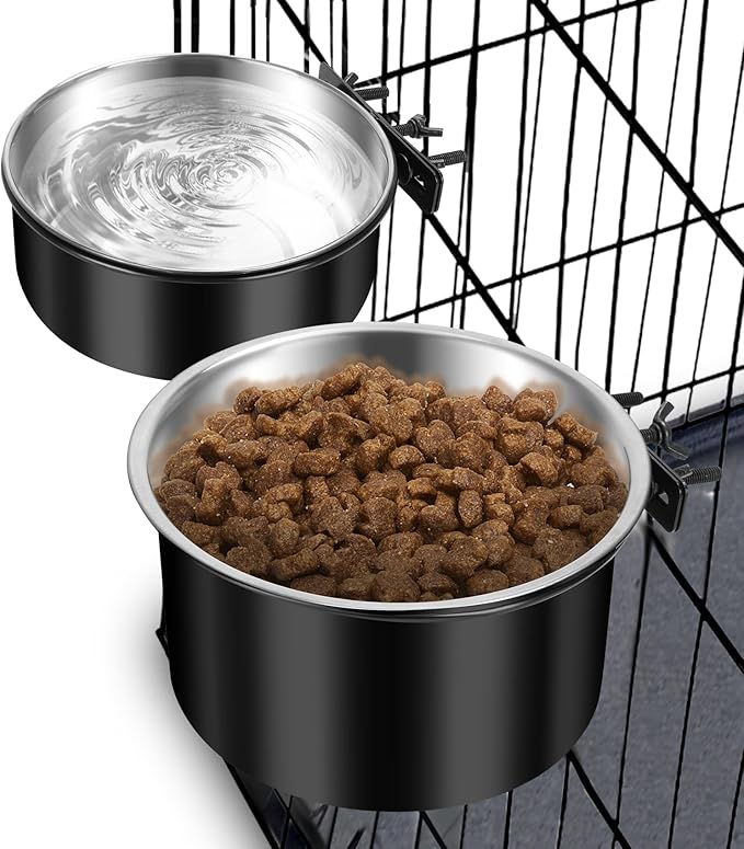 Dog Crate Bowls Hanging No Spill, ShineMe 60oz & 40oz Stainless Steel Dog Kennel Food and Water Bowls Mountable for Large and Medium Pets (7.0 x 3.7” & 6.2 x 2.5”)