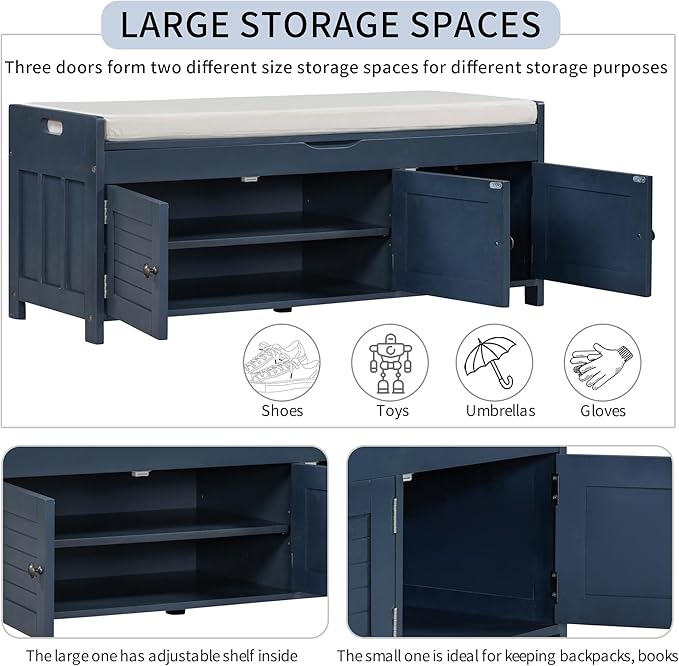 Storage Bench with 3 Shutter-Shaped Doors, Pine Wood Shoe Bench with Removable Cushion and Hidden Storage Space for Entryway Living Room 43.5" L * 16" W * 18" H, Antique Navy