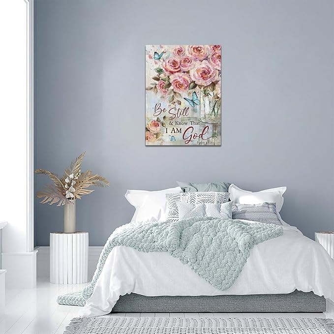 Farmhouse Rose Wall Art Christian Scripture Pictures Pink Rose Wall Decor Rustic Floral Butterfly Canvas Print Painting Artwork for Bathroom Living Room Bedroom 12"x16"