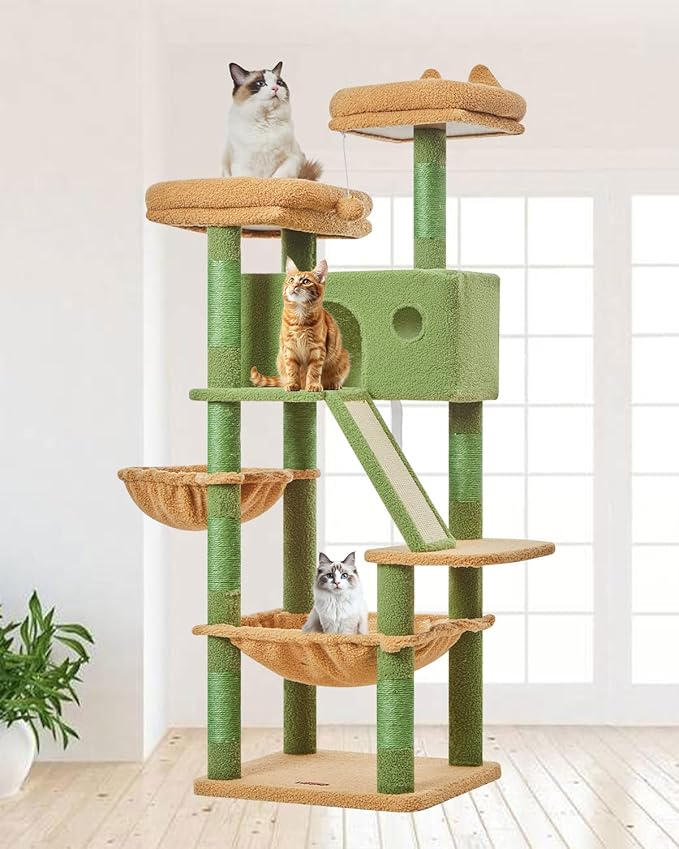 Taoqimiao Cactus Cat Tree, 57.5-Inch Cat Tower for Indoor Cats Large Adult, Extra Large Cat Condo, 8 Sisal Scratching Posts, Metal Frame Cozy Hammock, Durable Scratch Board, 2 Top Perches, MSC026