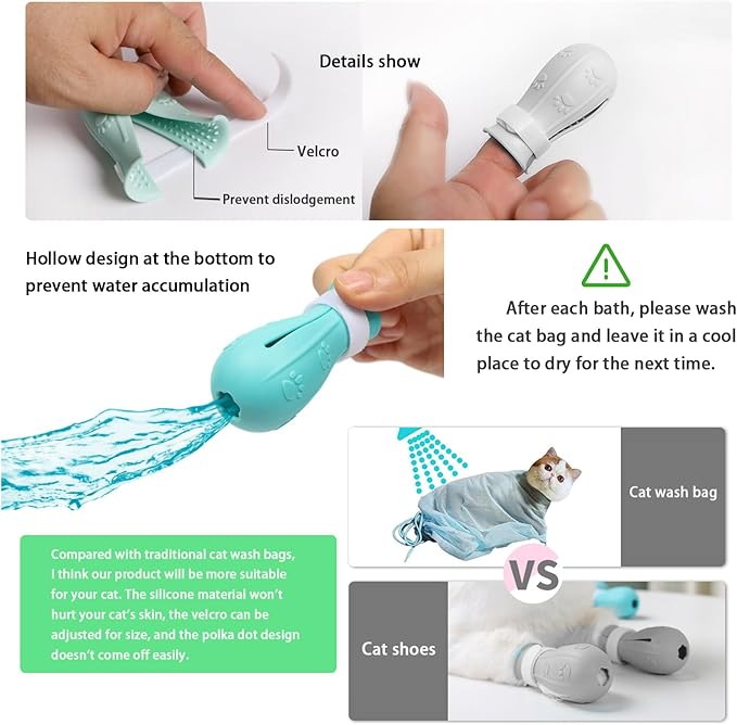 Anti-Scratch Silicone cat Shoes,Cat Claw Covers,Adjustable Multifunctional Anti-Bite Shower net Bag,Cat Grooming Mesh Bag,Cat Bathing Bag(Grey-2)