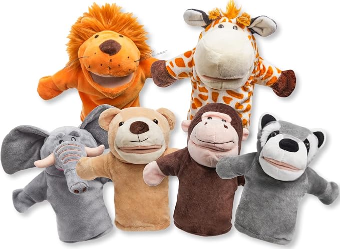 JOYIN 6Pcs Kids Hand Puppet Set with Working Mouth, Toddler Animal Plush Toy Includes Elephant, Giraffe, Lion, Bear, Raccoon and Monkey for Show Theater, Christmas Birthday Gifts for Kid Age 3+