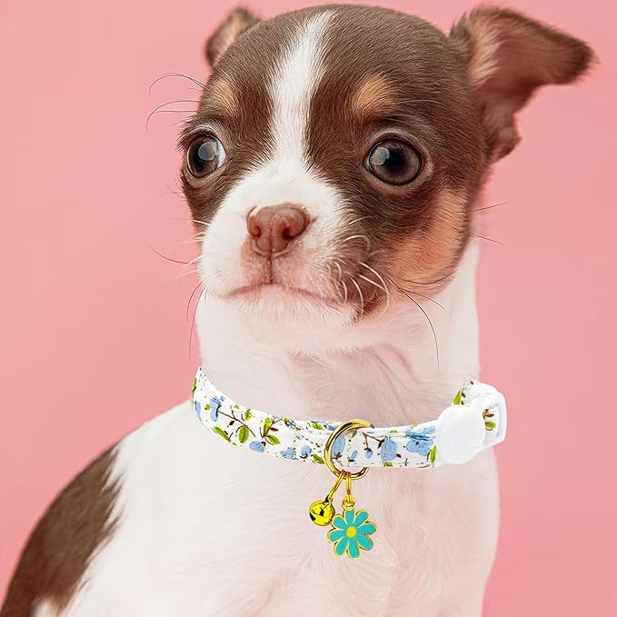 2 Pack Cotton Breakaway Cat Collars Set with Bell and Flower Pendant, Cute Floral Fruit Patterned, Adjustable 7.5-11Inch, Include A Mouse Toy Gift