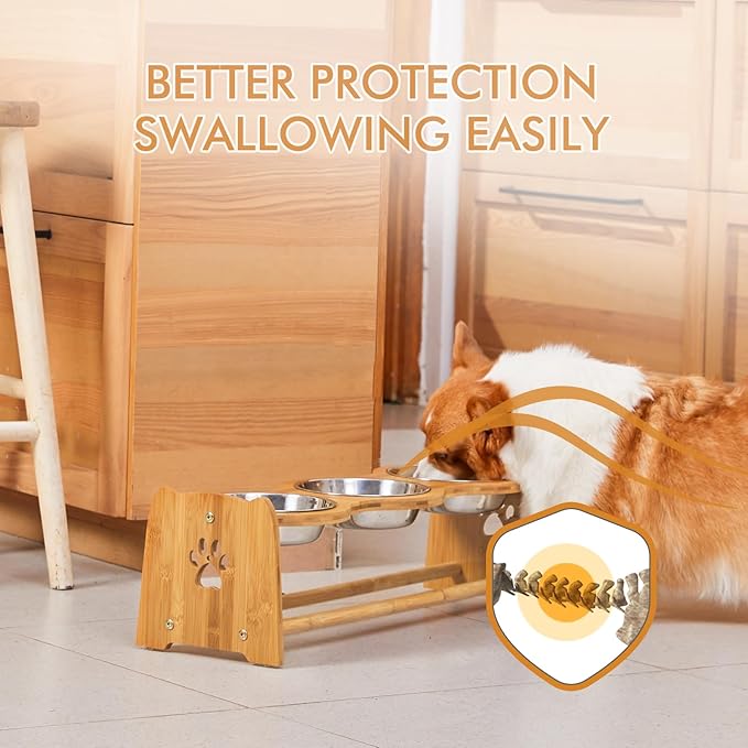X-ZONE PET Elevated Dog Bowls for Cats and Dogs, Adjustable Bamboo Raised Bowls for Medium Dog, Food and Water Bowls Set Stand Feeder with 2 Stainless Steel Bowls Anti Slip Feet (Height 4.7" to 7")