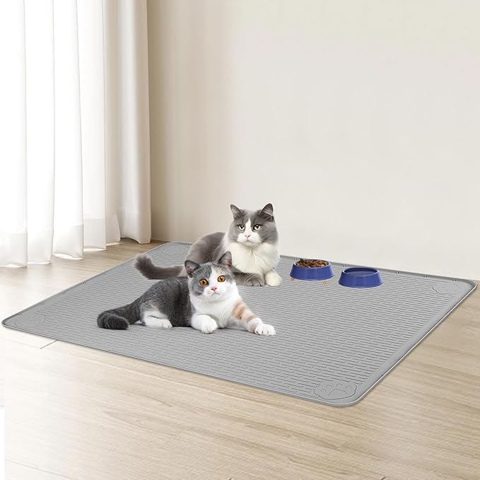 Cat Food Mat, 34" x 22" Large Silicone Pet Feeding Mat for Food and Water Bowls Non-Slip, Easy to Clean (Light Grey)