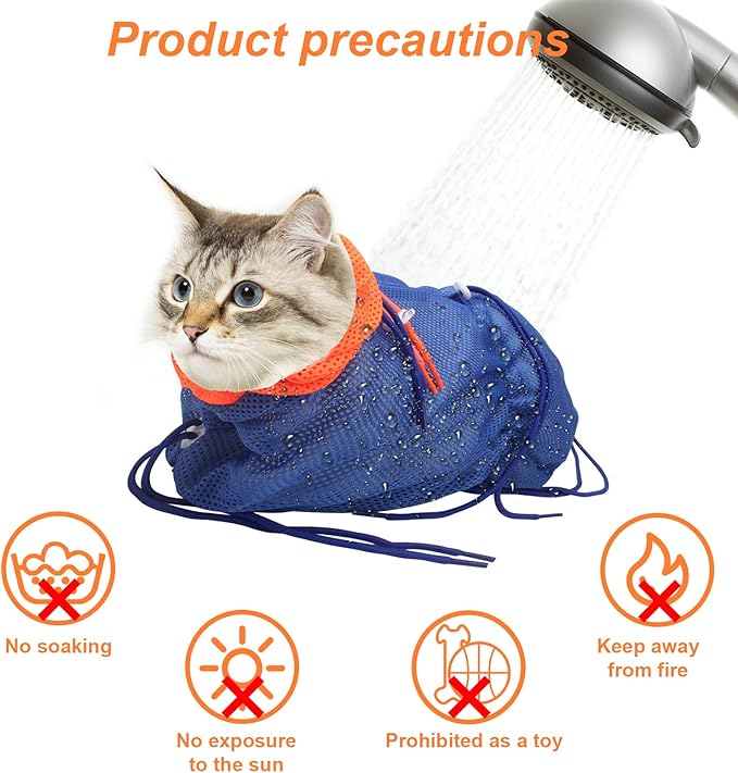Breathable Mesh Anti Scratch Adjustable Cat Grooming Bag for Nail Trimming, Bathing - Polyester Soft Cat Washing Bag (Blue-Orange)
