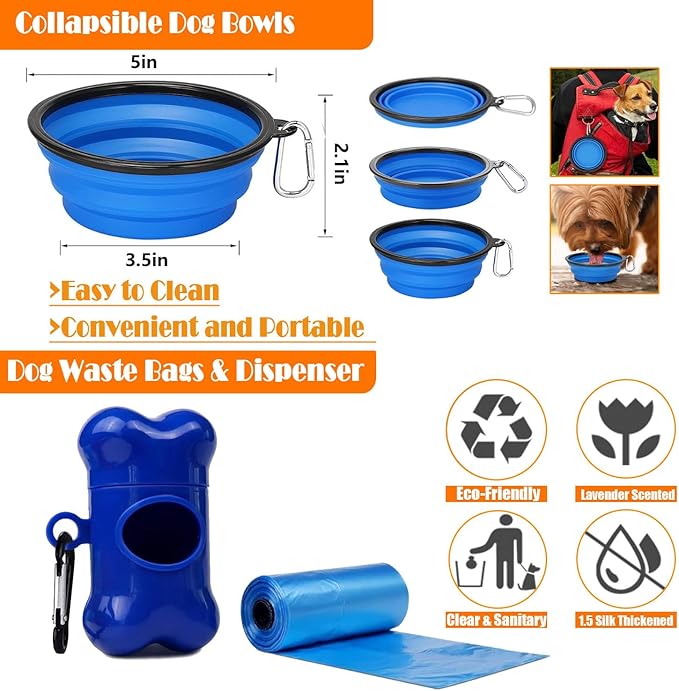No Pull Dog Harness, Collar & Leash Set with Retractable Dog Seat Belt, Collapsible Dog Bowls and Poop Bag Dispenser - Ideal for Training, Walking, Hiking - Fits Small to Large Dogs(Blue-M)