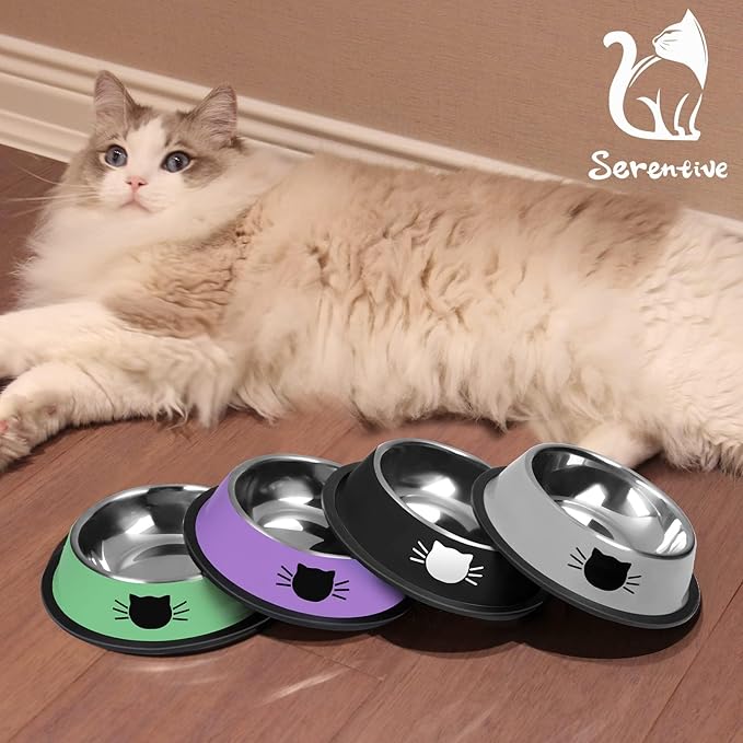2Pcs Cat Bowls Non-Slip Stainless Steel Small Cat Food Bowl Unbreakable Thick Rubber Base Easily Clean Lovely Color