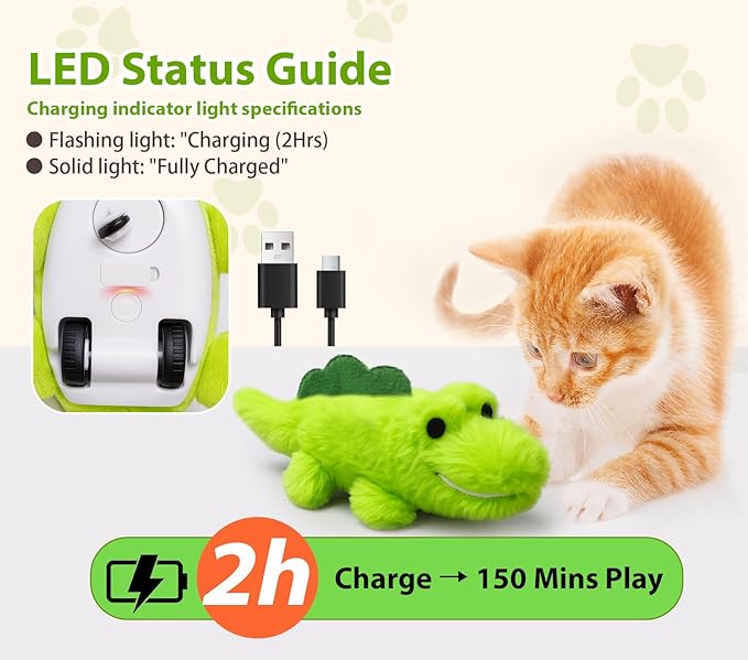 Interactive Cat Toys for Indoor Cats - Automatic Moving Cat Chase Toy for Bored Indoor Adult Cats - 360ยฐ Random Movement, Tail Wagging & Catnip Stimulation - Electric Croc(Long Plush)