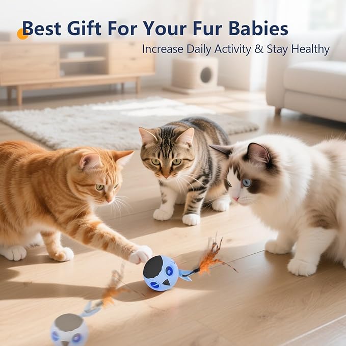 ORSDA Cat Toys, Interactive Cat Toy for Indoor Cats, Automatic Moving Ball Bird for Indoor Adult Cats Kitten Toys All Breeds, Fast Rolling Motion Activated Chirping Stimulating Light, 2 Feather Refill
