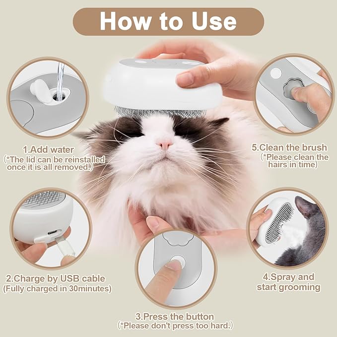 Nepfaivy Cat Steam Brush for Shedding - Steaming Cat Brushes for Indoor Cats with Release Button, Steam Slicker Brush for Dogs, Rechargeable Pet Spray Water Hair Removal Comb for Massage, Grooming