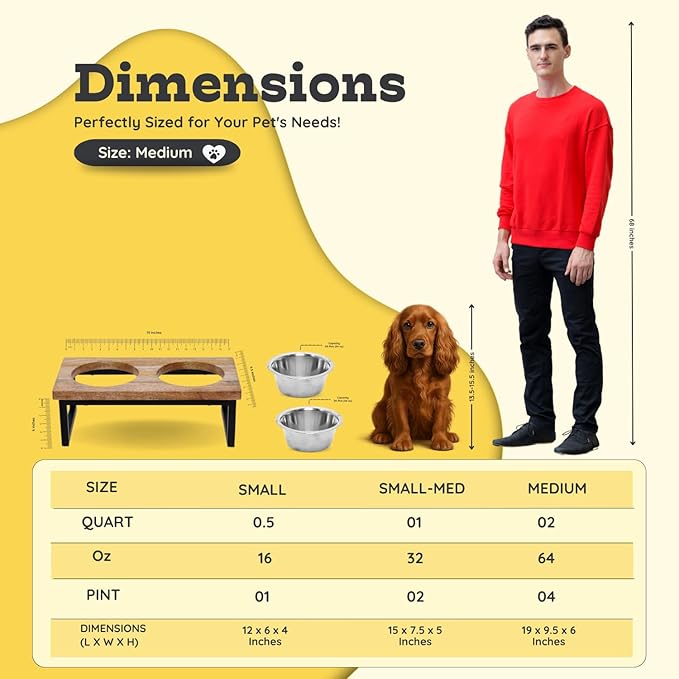 Elevated Dog Bowls, Medium 6 Height Mango Wood Raised Dog Bowl Iron Stand with 2 Pcs 64 oz Stainless Steel Pet Dishes | Food & Water 8 Cup / 1.9 L Capacity Nonslip Cats Feeding Station