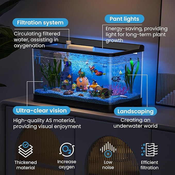 LED Aquarium Fish Tank Kit,(Light + Filter + Green Plants + Blue Sand + Pineapple Houses + Shells) Black, 14 Gallon