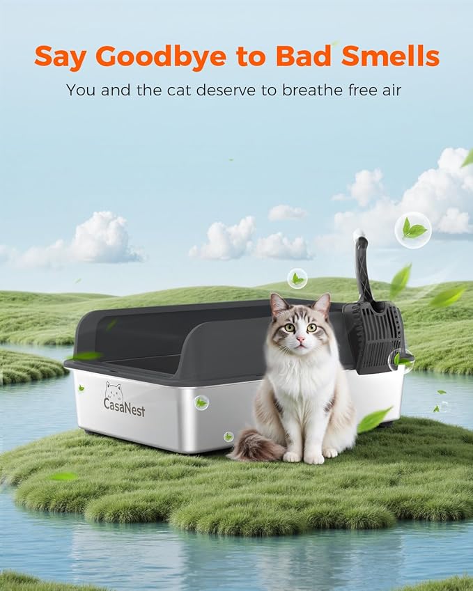 XXXL Stainless Steel Cat Litter Box 28.1''×20.5''× 10.1” Extra Large Metal Cat Litter Box for Big, Multi Cats, Anti-Leakage & Non-Stick Metal Pan, Easy to Clean, Durable (Black