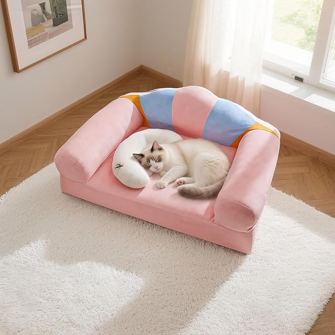 Cute Cat Couch with Soft Pillow, Supportive Dog Couch, Cat Sofa with Removable Cover,Cute Rainbow Shaped, 24 Inch