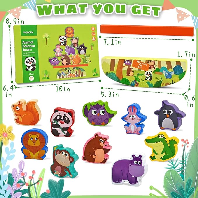 Vileafy Montessori Wooden Animal Toys for 3 4 5 Year Old Boys and Girls, 10 Pack Balance Blocks with Beam & Base, Toddler Stacking Toys Games, Educational Preschool Toys for Birthday Gifts