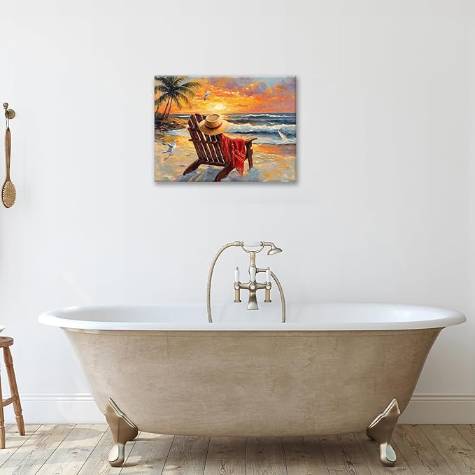 Beach Coastal Bathroom Pictures Wall Art, Seaside Ocean Bathroom Wall Decor, Sunrise Palm Framed Painting Canvas Artwork for Bedroom Living Room Decorations 16"L x 12"W