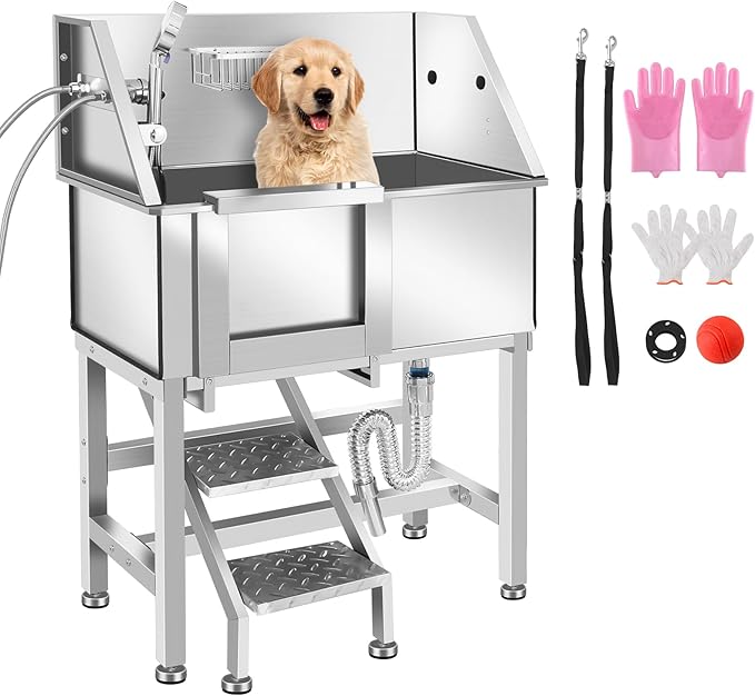 Stainless Steel Dog Washing Station for Large Dogs, Dog Grooming Tub for Home, Professional Dog Bathtub Bathing Station, Pet Wash Station, Dog Shower Tub with Stairs, Drain & Door,34" L-RAMP