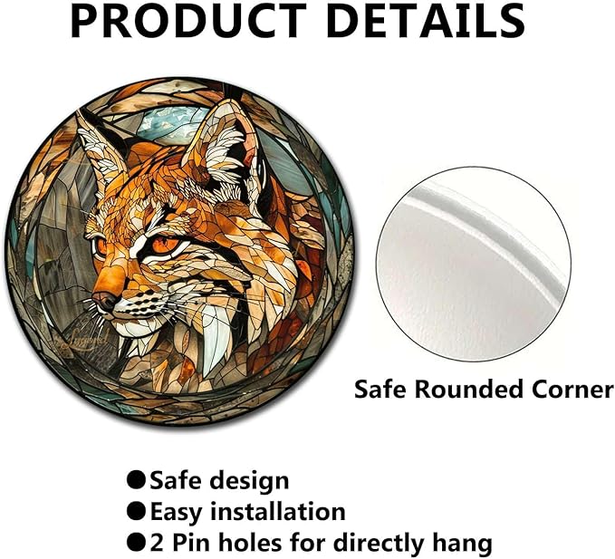 Lygond Metal Sign Tin Sign Circular Stained Glass Bobcat Funny Outdoor Decor for Club 8×8 Inches