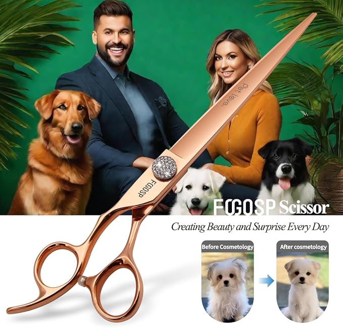 8'' Professional Left Handed Dog Grooming Scissors Straight Long Large Grooming Shears for Dogs Pet Rose Gold Titanium Japan 440C Lefty Hand Dog Hair Cutting Scissors for Poodle(8,Straight)