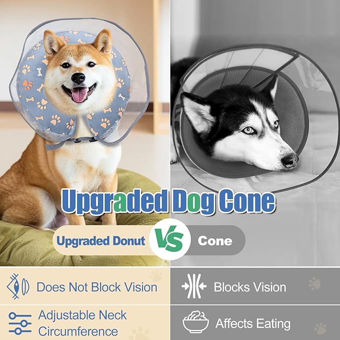 Inflatable Dog Cone Collar, Adjustable Size Soft PVC 2-in-1 Dog Donut Collar After Surgery with Detachable, Inflatable Collar for Small Medium Large Dogs and Cats (Grey, L)