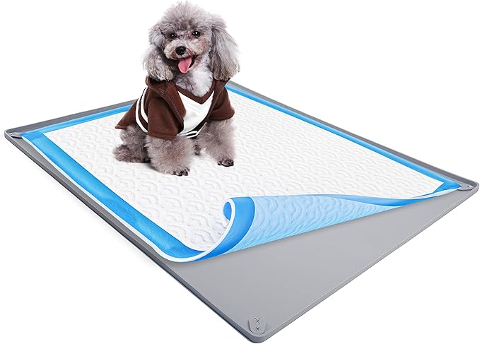 TidyFriend Dog Pee Pad Holder Tray Fits for 30” x 36” Pee Pads with Corner Lock Holes, Raised Edges, Non-Spill, Easy to Clean Silicone Dog Potty Tray Holder, for Indoor Floor Protection (Light Grey)