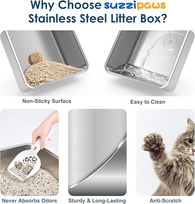 2 Pack 8" Deep Stainless Steel Litter Box with Lid, Extra Large & Deep Stainless Steel Cat Litter Box for Multipul Cats, Metal Litter Pan with Anti-Leakage High Wall, Litter Pan Easy Cleaning