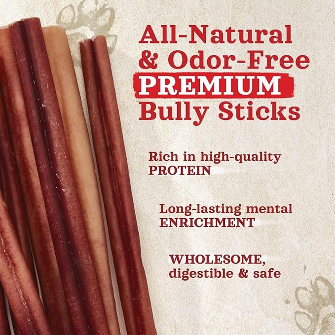 Natural Farm Odor-Free Thick Bully Sticks (12”, 10-Pack) All-Natural Long-Lasting Dog Chews, 100% Beef Pizzle, Grass-Fed, Grain-Free, Protein for Muscle Development & Energy, Perfect for Large Dogs