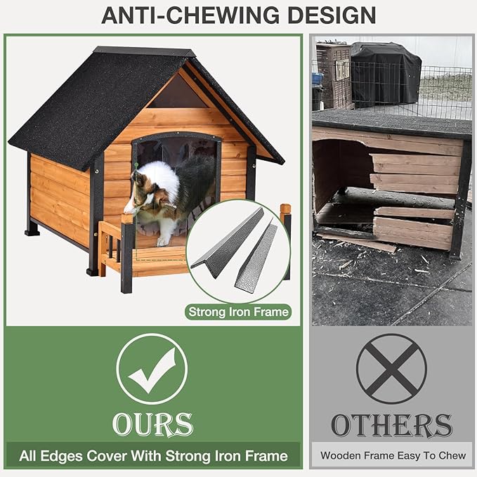 Large Dog House Outdoor Indoor All-Around Iron Frame Design Dog House with Porch&Raised Feet for Small Medium Large Dogs(Brown)