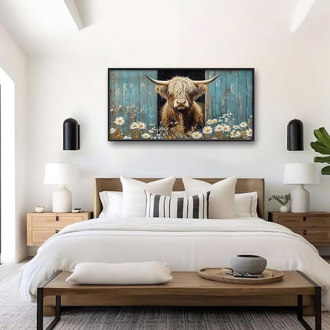 Large Farmhouse Highland Cow Country Wall Art for Living Room, Floral Canvas Oversized Wall Decor, Daisy Flower Animal Framed Pictures Painting Print Artwork for Bedroom Office 60"L x 30"W
