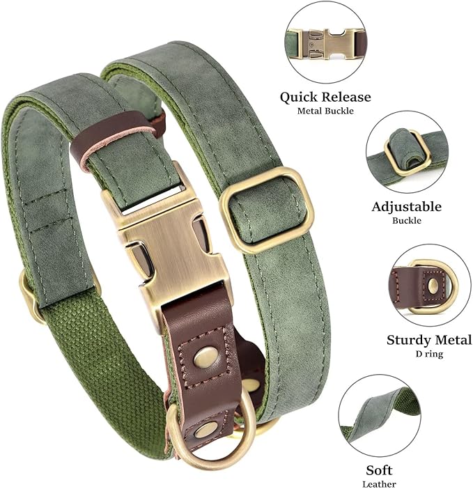 Didog Soft PU Leather Dog Collar for Large Dogs,Classic Adjustable Dog Collars with Quick Release Metal Buckle,Easy Clean and Comfortable with Nylon Lining,Green,L Neck 15-23"