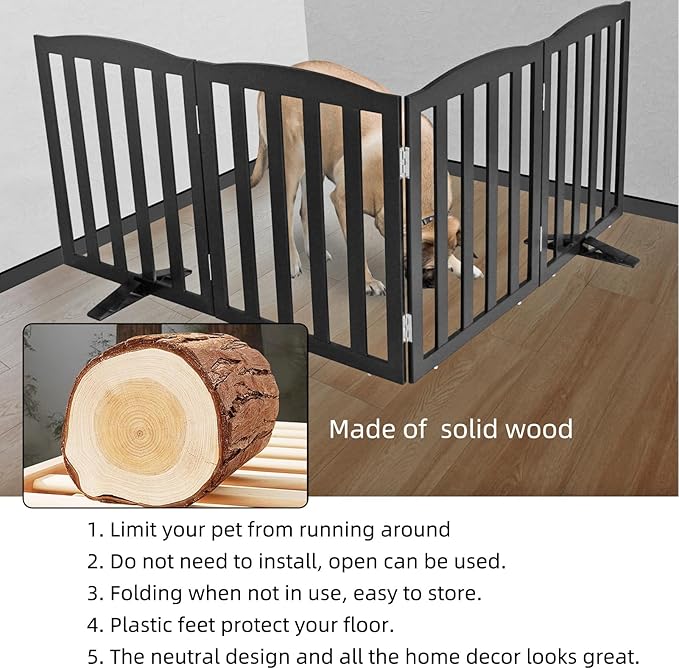ZJSF Foldable Freestanding Indoor Dog Gate for House Wood Long Pet Gates Dog Fence for Stairs Puppy Gates for Hallways, Puppy Gate,Support Feet Included, Black, 24 "Height-3 Panels