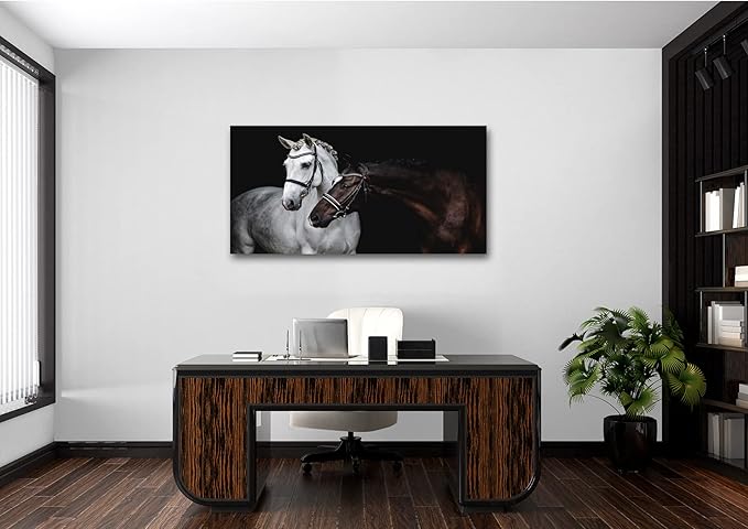 Jiuqinghua Wall Art Canvas Print Picture White and Brown Horses 1 Panel Wild Animal Painting Artwork for Living Room Bedroom Office Home Wall Decor Stretched and Framed Ready to Hang 30x60inches