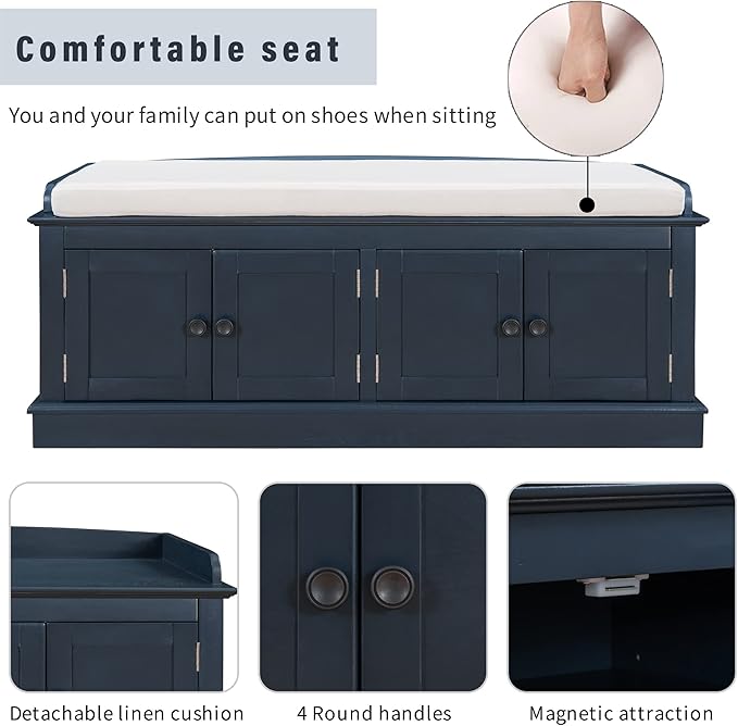 Storage Bench with 4 Doors and Adjustable Shelves, Shoe Bench with Removable Cushion for Living Room, Entryway 42.7" L x 16" W x 17.4" H (Antique Navy)