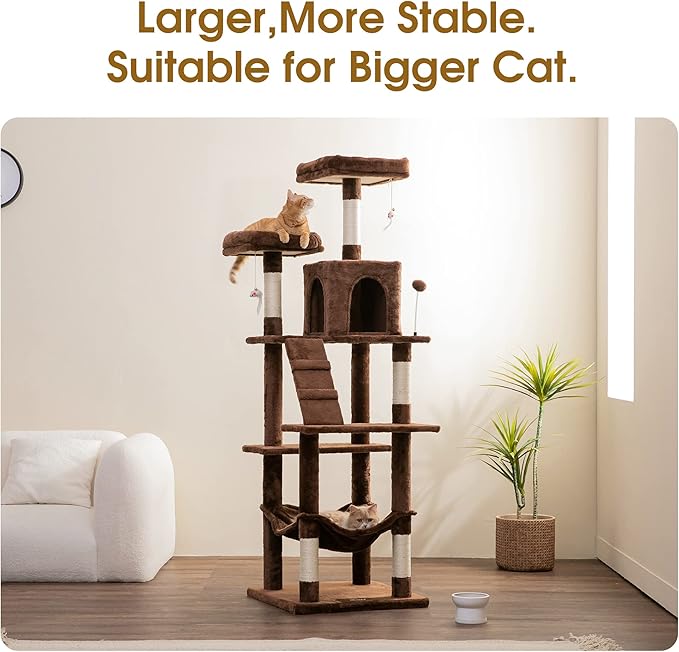 MWPO 70.1-Inch Large Cat Tree, Multi-Level Tall Cat Tower for Indoor Cats, Plush Cat Condo with Big Padded Perches, Sisal-Covered Scratching Posts, Hammock, Toys for Kittens & Cats - Brown