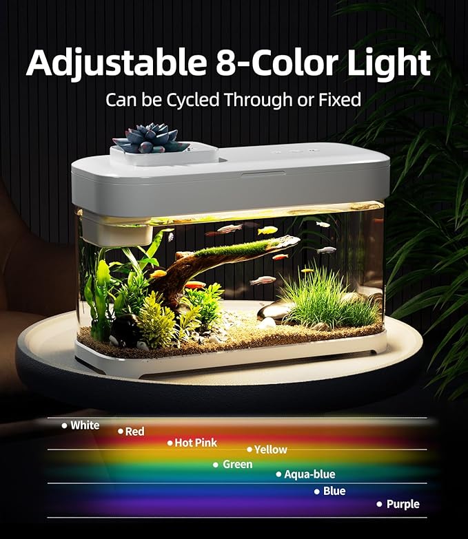 Smart Fish Tank Aquarium 3 Gallon with Heater, Temperature Monitor, 3 Stage Filtration, 8 Color Lighting, Aquarium Siphon, Small Betta Tank Kit, Acrylic