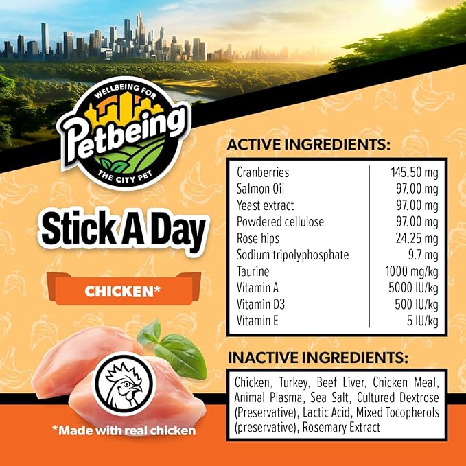 Stick a Day | Specially Formulated 7-in-1 Functions Daily Real Meat Supplement for Cats | Cat Chew Stick & Pet Vitamins Supplements Combination (7-Pack x 4, Chicken)