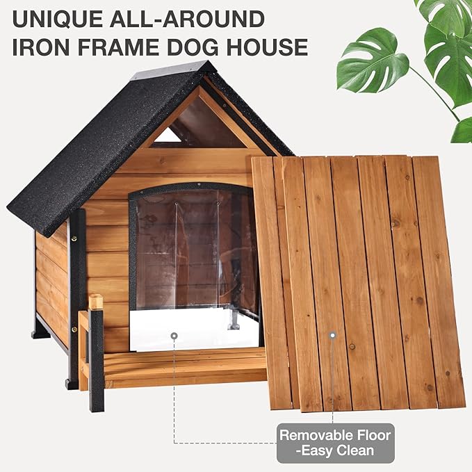 Large Dog House Outdoor Indoor All-Around Iron Frame Design Dog House with Porch&Raised Feet for Small Medium Large Dogs(Brown)