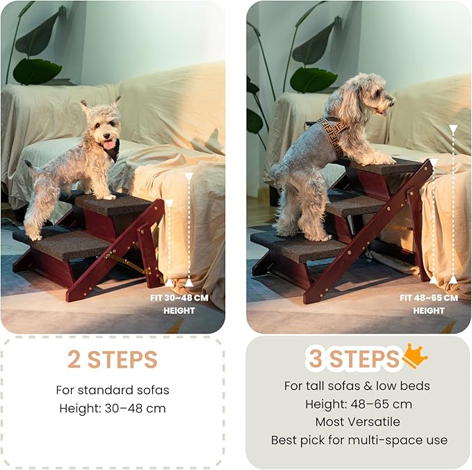 MEWANG Wooden Pet Stairs/Pet Steps - 3-in-1 Foldable Stairs & Ramp for Beds and Cars - Portable Dog/Cat Ladder Up to 220 Pounds - Great for Small and Older Animals(Brown) (24.8" L x 17.2" W x 19.5" H)
