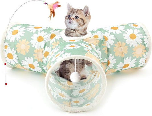 Tempcore Pet Cat Tunnel Tube Cat Toys 3 Way Collapsible, Cat Tunnels for Indoor Cats,Kitty Tunnel Bored Pet Toys Peek Hole Toy Ball Puppy, Kitty, Kitten, Rabbit Daisy Green Printed
