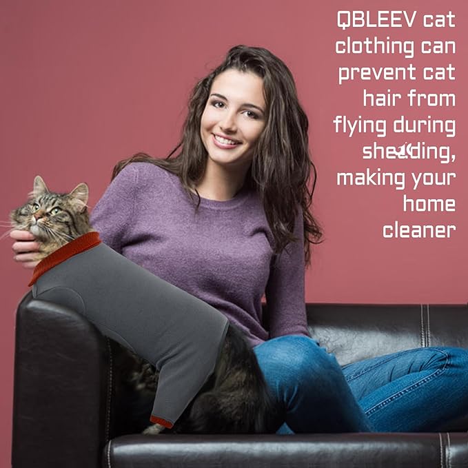 QBLEEV Cat Pajamas for Cats Only, Sticky Hair Cat Clothes, Cat Onesie for Cats After Surgery Female Male, Surgical Cat Recovery Suit Full Bodysuit, Long Sleeve Cat Shirts Outfits to Prevent Licking