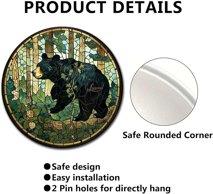 Lygond Metal Sign Tin Sign Circular Stained Glass American Black Bear Funny Bathroom Wall Decor for Restaurant 12×12 Inches